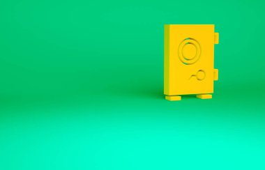 Yeşil arkaplanda turuncu kasa simgesi izole edildi. Kapı, şifreli bir banka kasası. Güvenilir Veri Koruma. Minimalizm kavramı. 3d illüstrasyon 3B canlandırma.