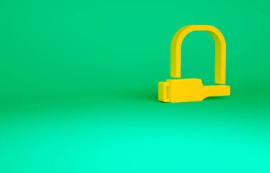 Yeşil arka planda izole edilmiş turuncu bisiklet kilidi U şeklindeki endüstriyel ikon. Minimalizm kavramı. 3d illüstrasyon 3B canlandırma.