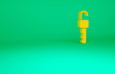 Turuncu Kilitlenmemiş anahtar simgesi yeşil arkaplanda izole edildi. Minimalizm kavramı. 3d illüstrasyon 3B canlandırma.