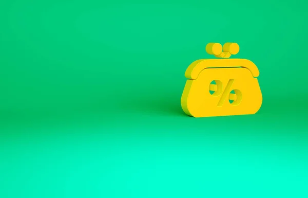 橙色钱包的百分比图标孤立在绿色背景 百分比忠诚钱包标志 最低纲领的概念 3D渲染3D插图 — 图库照片