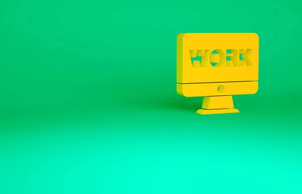 緑の背景に隔離されたテキスト作業アイコンとオレンジコンピュータモニター 最小限の概念 3Dイラスト3Dレンダリング — ストック写真