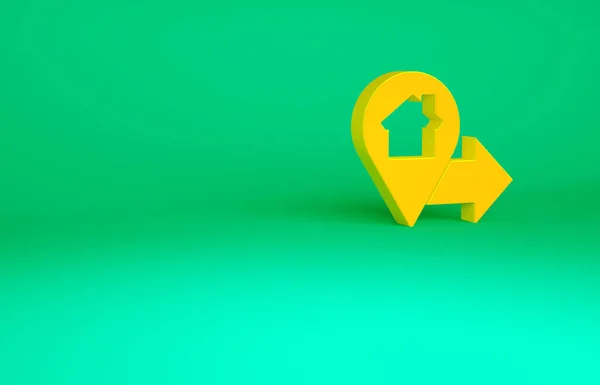橙色地图指针与房屋图标隔离在绿色背景 家庭位置标识符号 最低纲领的概念 3D渲染3D插图 — 图库照片