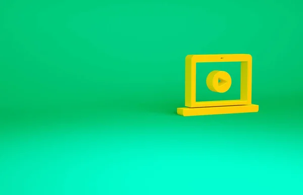 Orange Online Play Video Icon Isolated Green Background Laptop Film — Stock Photo, Image