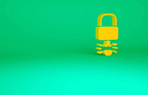 橙色键打破了锁图标内部孤立的绿色背景 帕德洛克牌安保 隐私概念 最低纲领的概念 3D渲染3D插图 — 图库照片