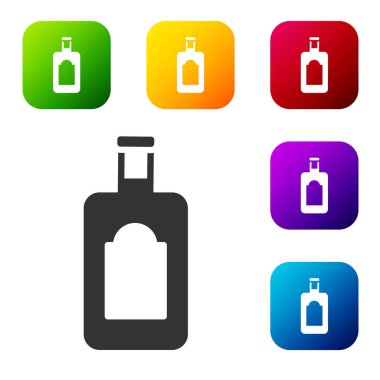 Siyah viski şişesi simgesi beyaz arka planda izole edilmiş. Renkli kare düğmelerle simgeleri ayarla. Vektör İllüstrasyonu.