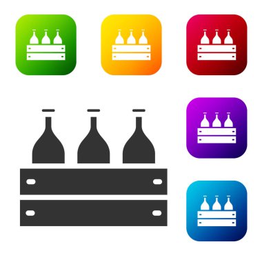 Beyaz arka planda izole edilmiş ahşap bir kutuda siyah şarap şişeleri. Tahta bir sandıkta şarap şişeleri. Renkli kare düğmelerle simgeleri ayarla. Vektör İllüstrasyonu.