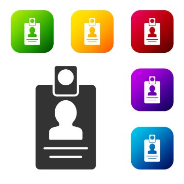 Beyaz arka planda siyah kimlik simgesi izole edildi. Sunum için, şirketin kimliği için, reklam için kullanılabilir. Renkli kare düğmelerle simgeleri ayarla. Vektör.