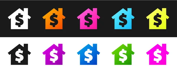 Set House Dollarin Symboli Kuvake Eristetty Mustavalkoisella Taustalla Kotiin Rahaan — vektorikuva