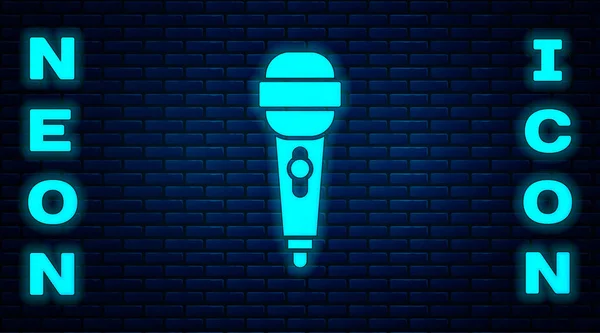 Lumineux Néon Icône Microphone Isolé Sur Fond Mur Briques Sur — Image vectorielle