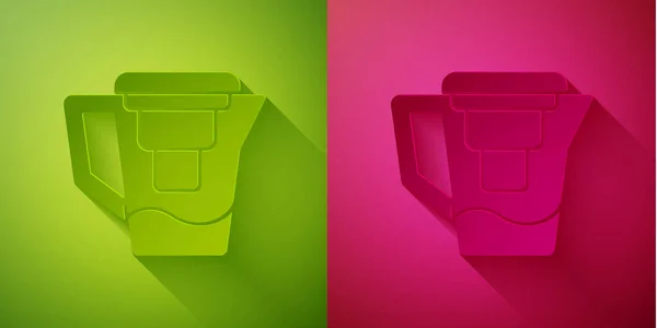 Paper cut Water jug with a filter icon isolated on green and pink background. Paper art style. Vector Illustration. — Stock Illustration Paper Cut Water Jug Filter Icon Isolated Green Pink Background Royalty Free Stock Vectors