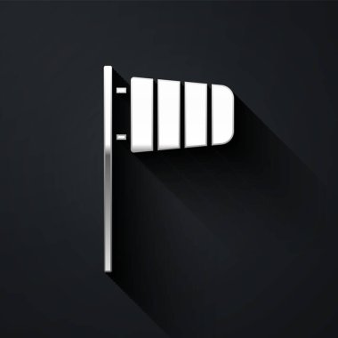 Gümüş Koni Meteoroloji Rüzgâr Gülü ikonu siyah arka planda izole edilmiş. Rüzgâr Sock rüzgarın yönünü ve gücünü gösteriyor. Uzun gölge tarzı. Vektör.