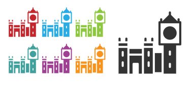Siyah Big Ben kulesi simgesi beyaz arkaplanda izole edildi. Londra ve İngiltere 'nin sembolü. Simgeleri renklendirin. Vektör.