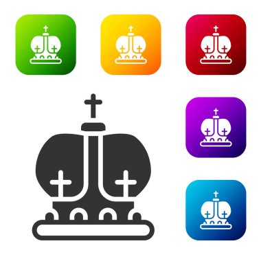 Siyah İngiliz taç ikonu beyaz arka planda izole edilmiş. Renkli kare düğmelerle simgeleri ayarla. Vektör.