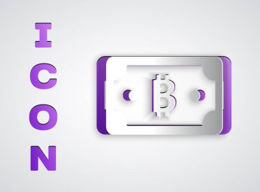 Kağıt kesiği Kripto para birimi bitcoin simgesi gri arkaplanda izole edilmiş. Engelleme teknolojisi, dijital para piyasası. Kağıt sanatı tarzı. Vektör.
