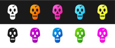 Kafatası simgesini siyah beyaz arkaplanda izole et. Mutlu Cadılar Bayramı Partisi. Vektör.