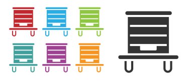 Beyaz arka planda izole edilmiş arılar için Siyah Kovan. Arı kovanı sembolü. Apiary ve arı yetiştiriciliği. Tatlı doğal yemek. Simgeleri renklendirin. Vektör.