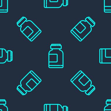 Yeşil Hat Spor, vücut geliştirme, protein enerji içeceği ve yiyecek ikonu mavi arka planda izole edilmiş pürüzsüz desen. Vektör İllüstrasyonu.
