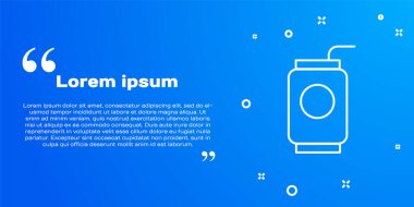Mavi arka planda izole edilmiş saman ikonu içilen beyaz çizgi gazoz kutusu. Vektör İllüstrasyonu.