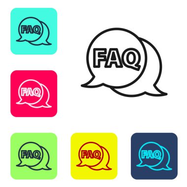 Beyaz arkaplanda SSS bilgi simgesi izole edilmiş siyah satır konuşma balonu. SSS yazılı daire düğmesi. Renkli kare düğmelerle simgeleri ayarla. Vektör İllüstrasyonu.