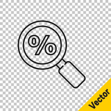 Şeffaf arka planda yüzde ikonlu siyah çizgi büyüteç. İndirimli aramalar. İndirim tabelasını ara. Vektör İllüstrasyonu.