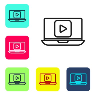 Siyah çizgi çevrimiçi video simgesi beyaz arkaplanda izole edildi. Dizüstü bilgisayar ve oyun işaretli film şeridi. Renkli kare düğmelerle simgeleri ayarla. Vektör İllüstrasyonu.