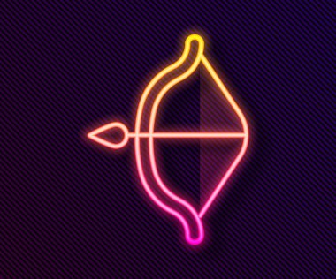 Parlayan neon hattı Ortaçağ yayı ve ok simgesi siyah arka planda izole edildi. Ortaçağ silahı. Vektör.