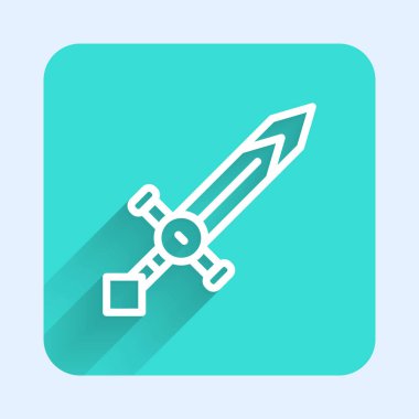 Beyaz çizgi Ortaçağ kılıç ikonu uzun gölgeli izole edilmiş. Ortaçağ silahı. Yeşil kare düğmesi. Vektör.