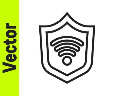 Kablosuz internet ağ sembolü simgesi olan siyah çizgi kalkanı beyaz arkaplanda izole edildi. Güvenlik konsepti. Vektör.