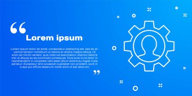 Mavi arka planda vites simgesi olan beyaz çizgi insan. Yapay zeka. Beyin işaretini düşünüyorum. Beynin sembol çalışması. Vektör.