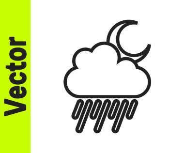 Beyaz zemin üzerinde yağmur ve ay ikonu olan siyah çizgi bulutu. Yağmur damlaları ile yağmur bulutu yağışı. Vektör.