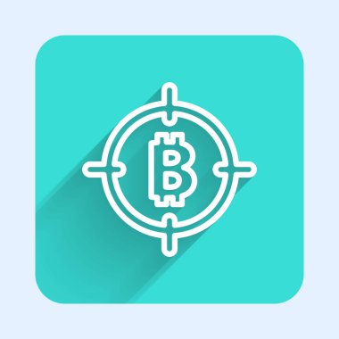 Hedef simgedeki beyaz çizgi Bitcoin uzun gölgeli izole edilmiş. Yatırım hedef simgesi. Yeşil kare düğmesi. Vektör.