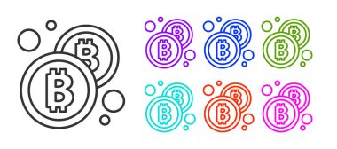 Siyah çizgi kripto para birimi Bitcoin simgesi beyaz arka planda izole edildi. Madeni para. Engelleme zinciri tabanlı şifreli para birimi. Simgeleri renklendirin. Vektör.