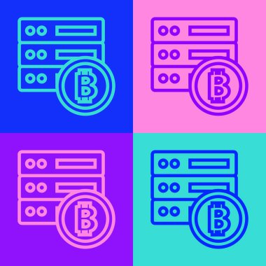 Pop sanat sergisi sunucusu bitcoin simgesi renk arkaplanında izole edildi. Vektör.