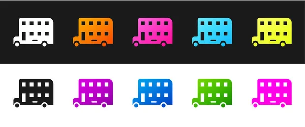 设置双层巴士图标隔离在黑白背景 伦敦经典客车 公共交通标志 — 图库矢量图片