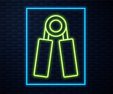 Parlayan neon hattı spor genişletici simgesi tuğla duvar arka planında izole edildi. Spor malzemeleri. Vektör.