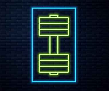 Parlayan neon hattı Dumbbell simgesi tuğla duvar arka planında izole edildi. Kas kaldırma ikonu, fitness halteri, spor aletleri, egzersiz yaban domuzu. Vektör.
