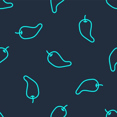 Yeşil çizgi Hot chili biber kabuğu simgesi mavi arkaplanda izole edilmiş kusursuz desen. Market, mutfak ürünleri, baharat ve baharat paketi, yemek kitabı için tasarım. Vektör.