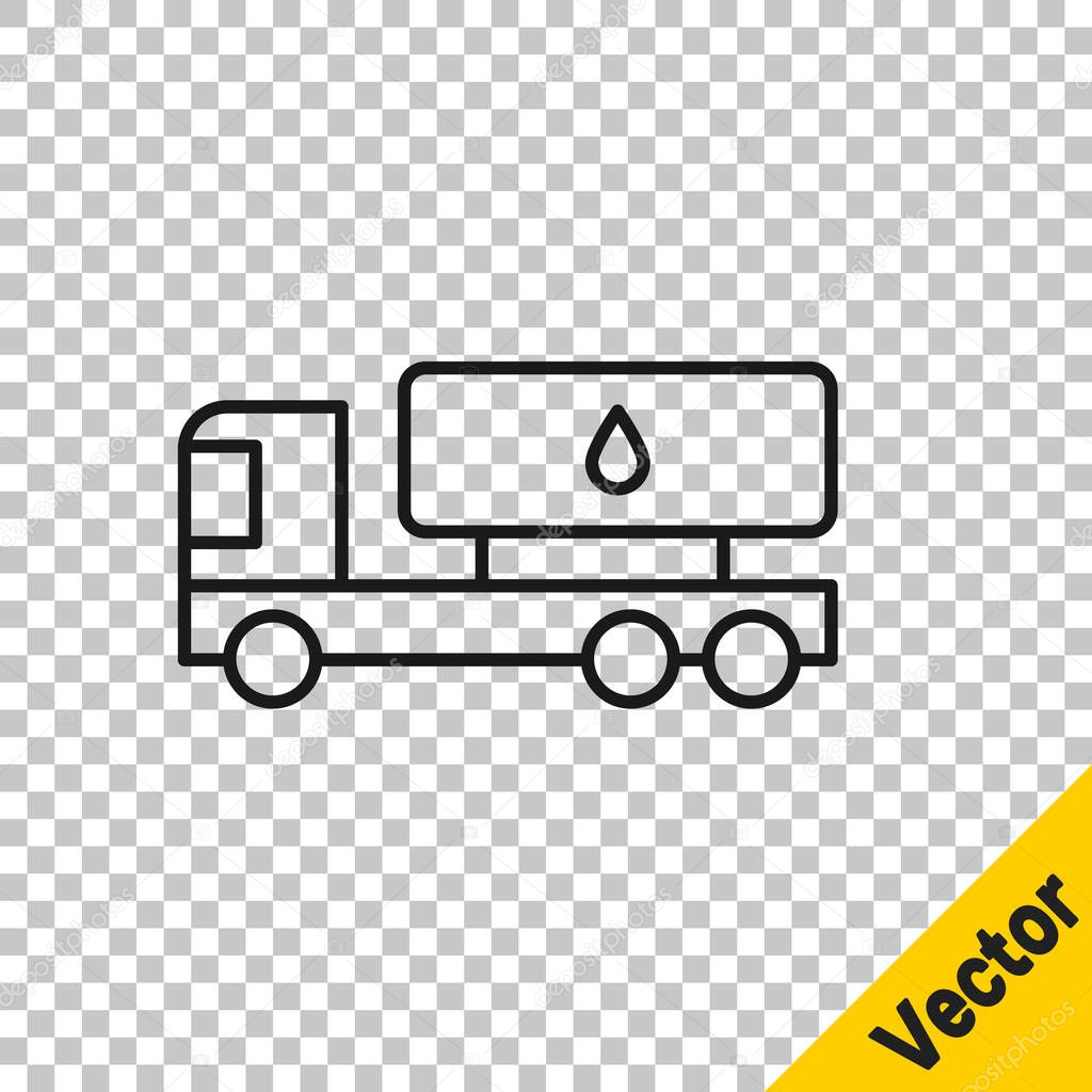 Black line Tanker truck icon isolated on transparent background. Petroleum tanker, petrol truck, cistern, oil trailer.  Vector.