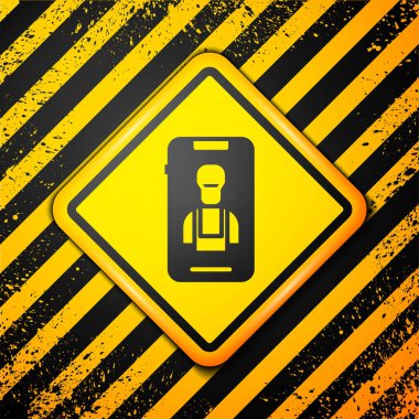 Siyah Çevrimiçi araba servisi simgesi sarı arkaplanda izole edildi. Araba servisi ve tamir parçaları. Uyarı işareti. Vektör İllüstrasyonu.