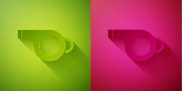 Paper cut Whistle icon isolated on green and pink background. Referee symbol. Fitness and sport sign. Paper art style. Vector Illustration.