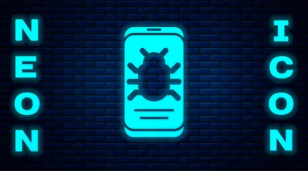 Glowing Neon System Bug Mobile Icon Isolated Brick Wall Background — Stock Vector