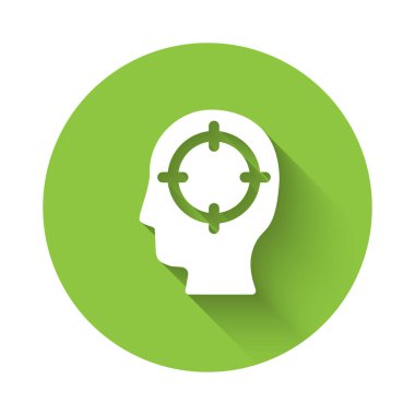 Beyaz Kafa av ikonu uzun gölgeli izole edilmiş. İş hedefi ya da İstihdam tabelası. İş için insan kaynakları ve adam toplama. Yeşil daire düğmesi. Vektör.