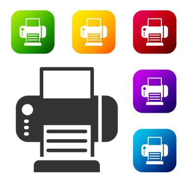 Siyah Yazıcı simgesi beyaz arkaplanda izole edildi. Renkli kare düğmelerle simgeleri ayarla. Vektör.