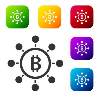 Siyah Blockchain teknolojisi Bitcoin simgesi beyaz arka planda izole edildi. Soyut geometrik blok zincir ağ teknolojisi işi. Renkli kare düğmelerle simgeleri ayarla. Vektör.