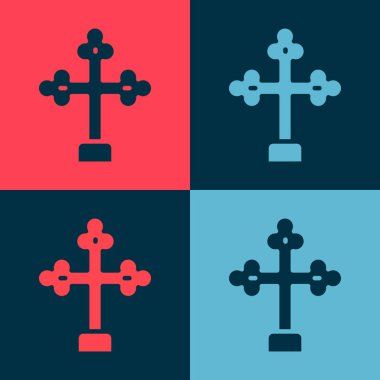 Pop Art Christian haç simgesi renk arkaplanında izole edildi. Kilise haçı. Vektör.