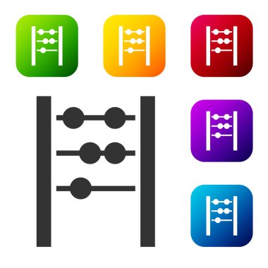 Siyah Abaküs simgesi beyaz arkaplanda izole edildi. Geleneksel sayım çerçevesi. Eğitim işareti. Matematik okulu. Renkli kare düğmelerle simgeleri ayarla. Vektör.