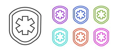 Beyaz arka planda çapraz ikonu olan siyah çizgi tıbbi kalkan. Koruma, güvenlik, şifre güvenliği. Simgeleri renklendirin. Vektör İllüstrasyonu.