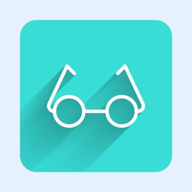 Uzun gölgeli beyaz çizgi gözlük simgesi. Gözlük çerçevesi sembolü. Yeşil kare düğmesi. Vektör İllüstrasyonu.