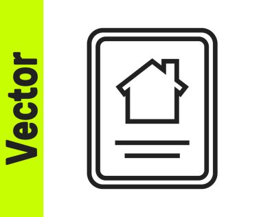 Siyah Hat Çevrimiçi emlak evi beyaz arka planda izole edilmiş tablet simgesi üzerinde. Ev kredisi konsepti, kira, satın alma, mülk alma. Vektör İllüstrasyonu.