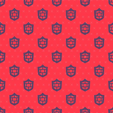 Siber güvenlik duvarı simgesine sahip mavi çizgi kalkanı kırmızı arka planda izole edilmiş. Veri koruma sembolü. Güvenlik duvarı. Ağ koruması. Vektör.